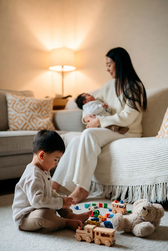 کودکی که در کنار مادرش در آرامش مشعول بازی است.