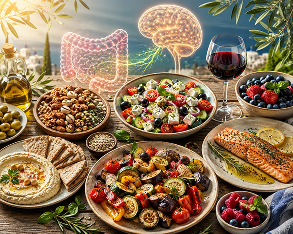 رژیم مدیترانه‌ای (میوه، سبزی، حبوبات، مغزیات، روغن زیتون، ماهی): کاهش 32 الی 45 درصدی علائم افسردگی